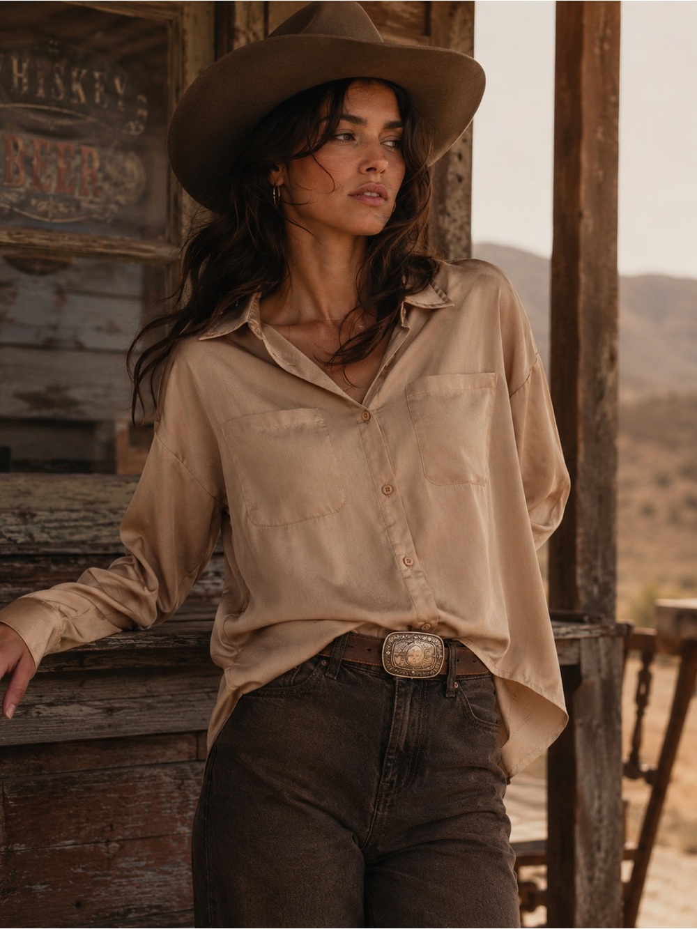 VICI Taupe Button-Down Shirt with Front Pockets